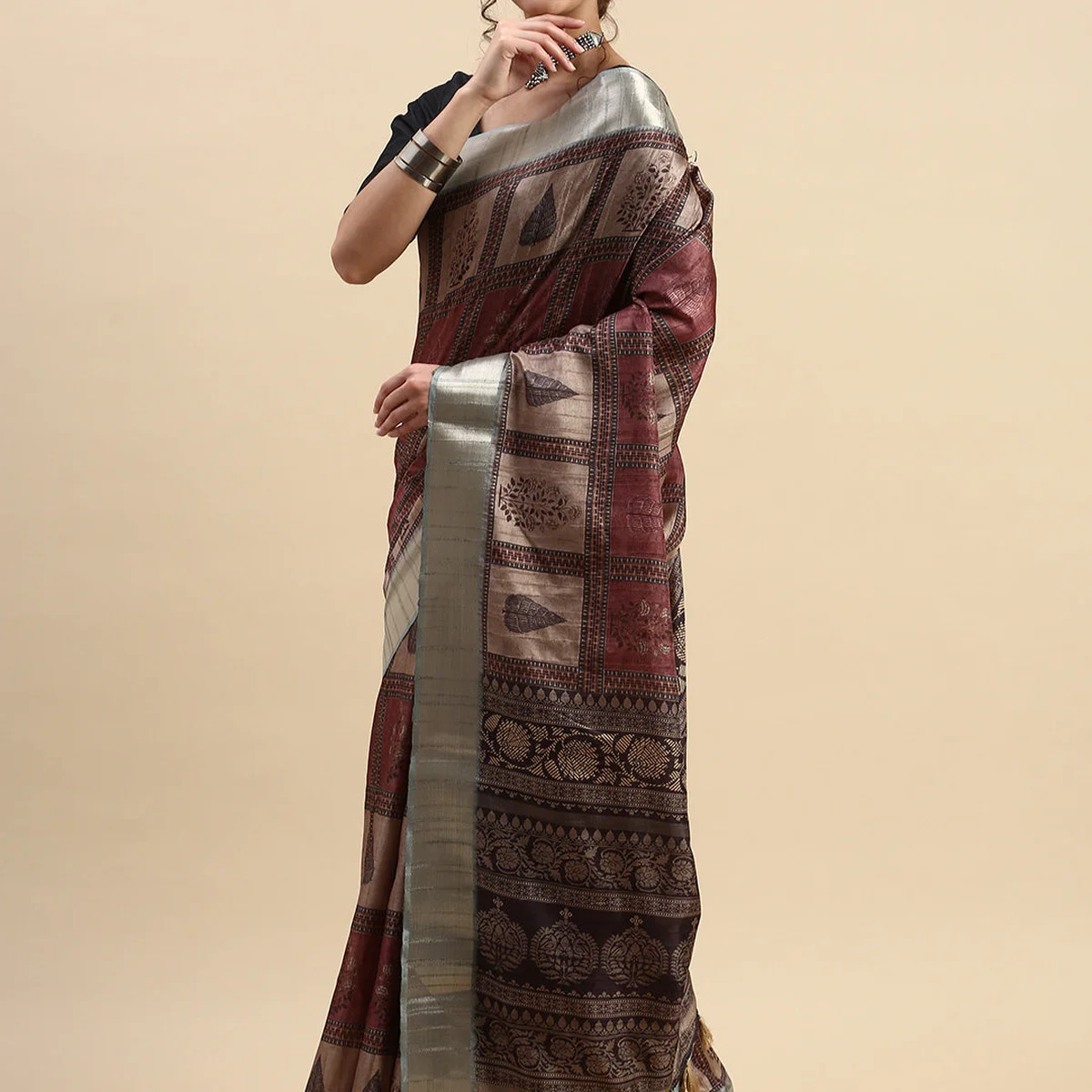 Semi Tussar Printed Saree Black with Tassels STP06 thumbnail 3