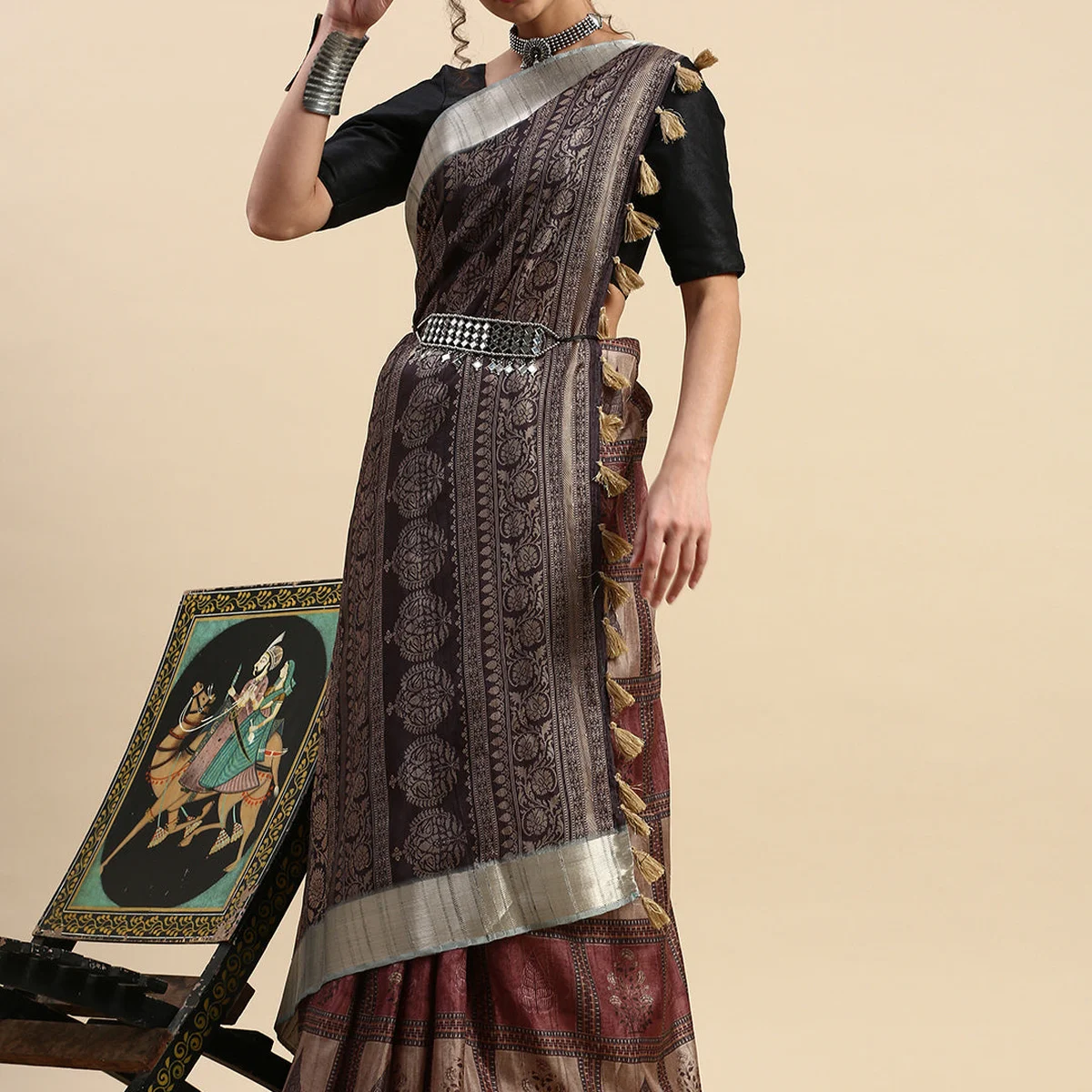 Semi Tussar Printed Saree Black with Tassels STP06 thumbnail 4