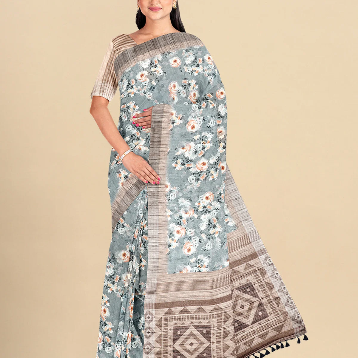 Semi Cotton Blue Colour Flower Printed Saree CPS20 thumbnail 4