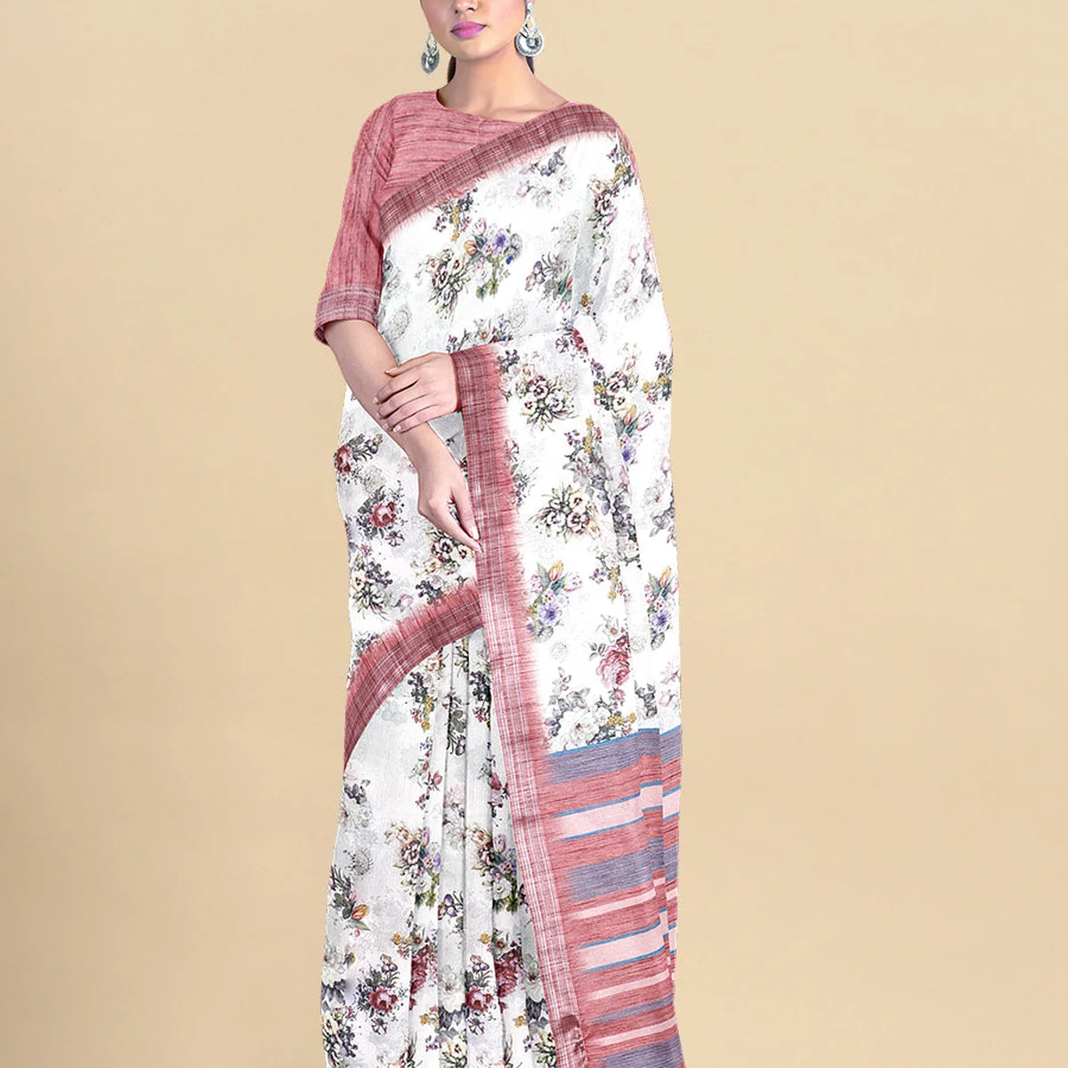 Semi Cotton White & Pink Colour Flower Printed Saree CPS34 - Image 1