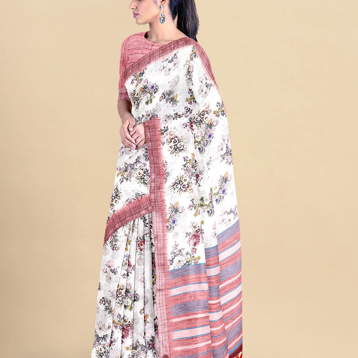 Semi Cotton White & Pink Colour Flower Printed Saree CPS34 thumbnail 2