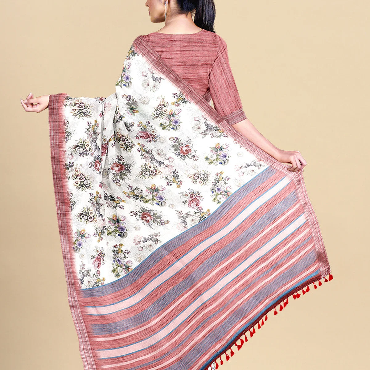 Semi Cotton White & Pink Colour Flower Printed Saree CPS34 thumbnail 3