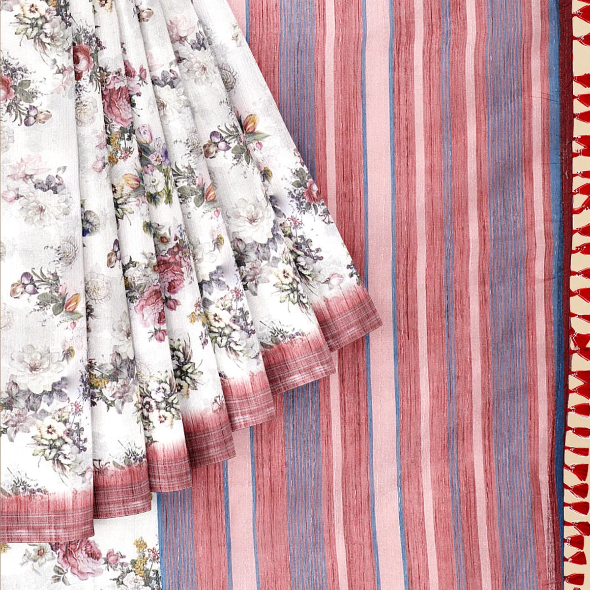 Semi Cotton White & Pink Colour Flower Printed Saree CPS34 thumbnail 4
