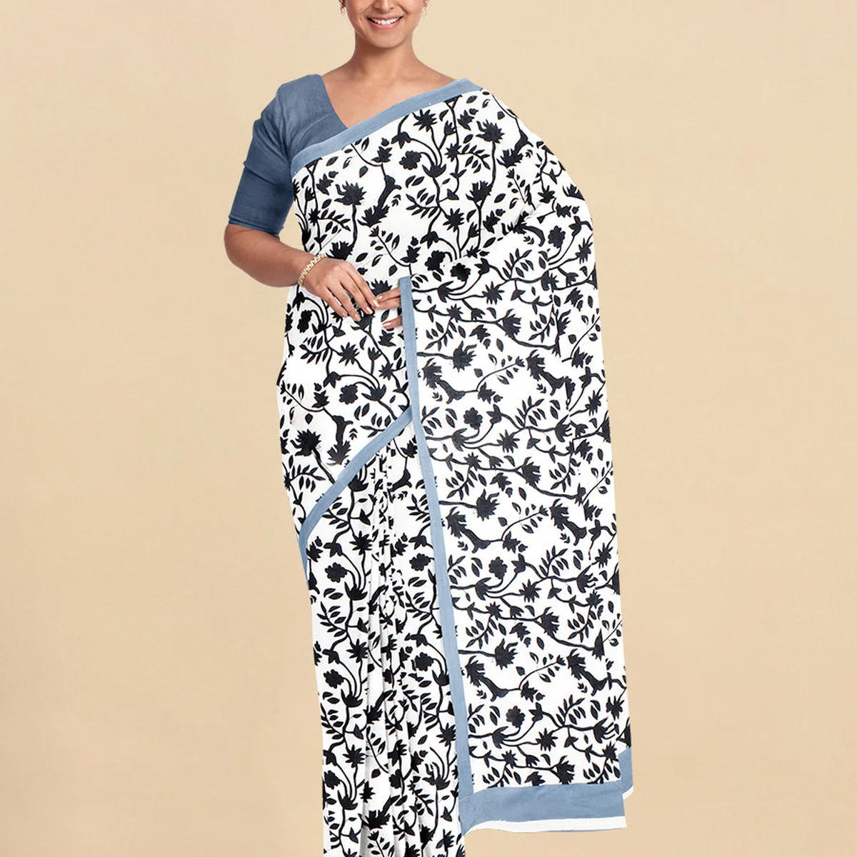 Pure Cotton White & Black Leaf Design Printed Saree PCS45 - Image 1