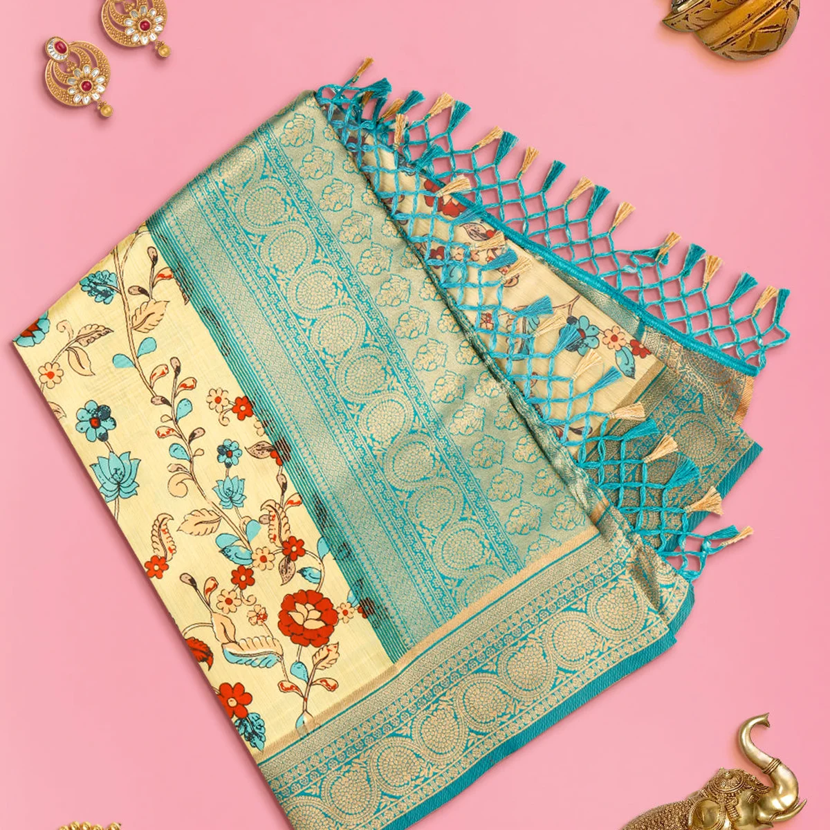 Women Sandal & Green Floral Printed Dola Silk Saree DSP01 thumbnail 2