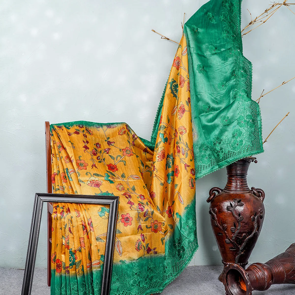 Semi Raw Silk Yellow & Green Colour Printed Saree with Embroidered Border SRS18 - Image 1
