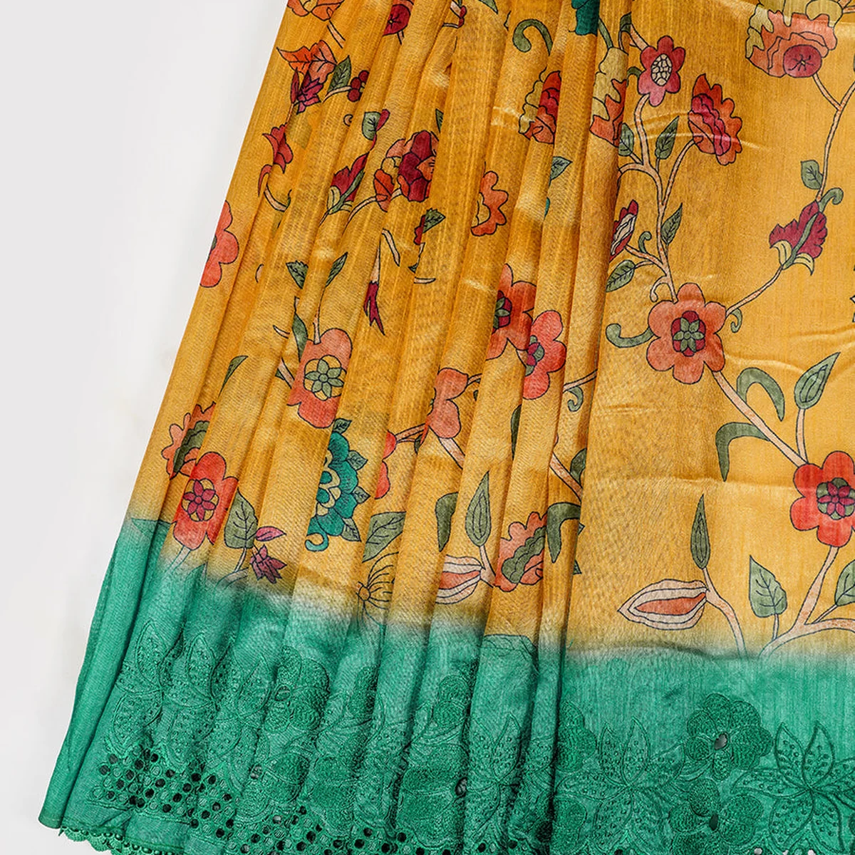 Semi Raw Silk Yellow & Green Colour Printed Saree with Embroidered Border SRS18 thumbnail 3