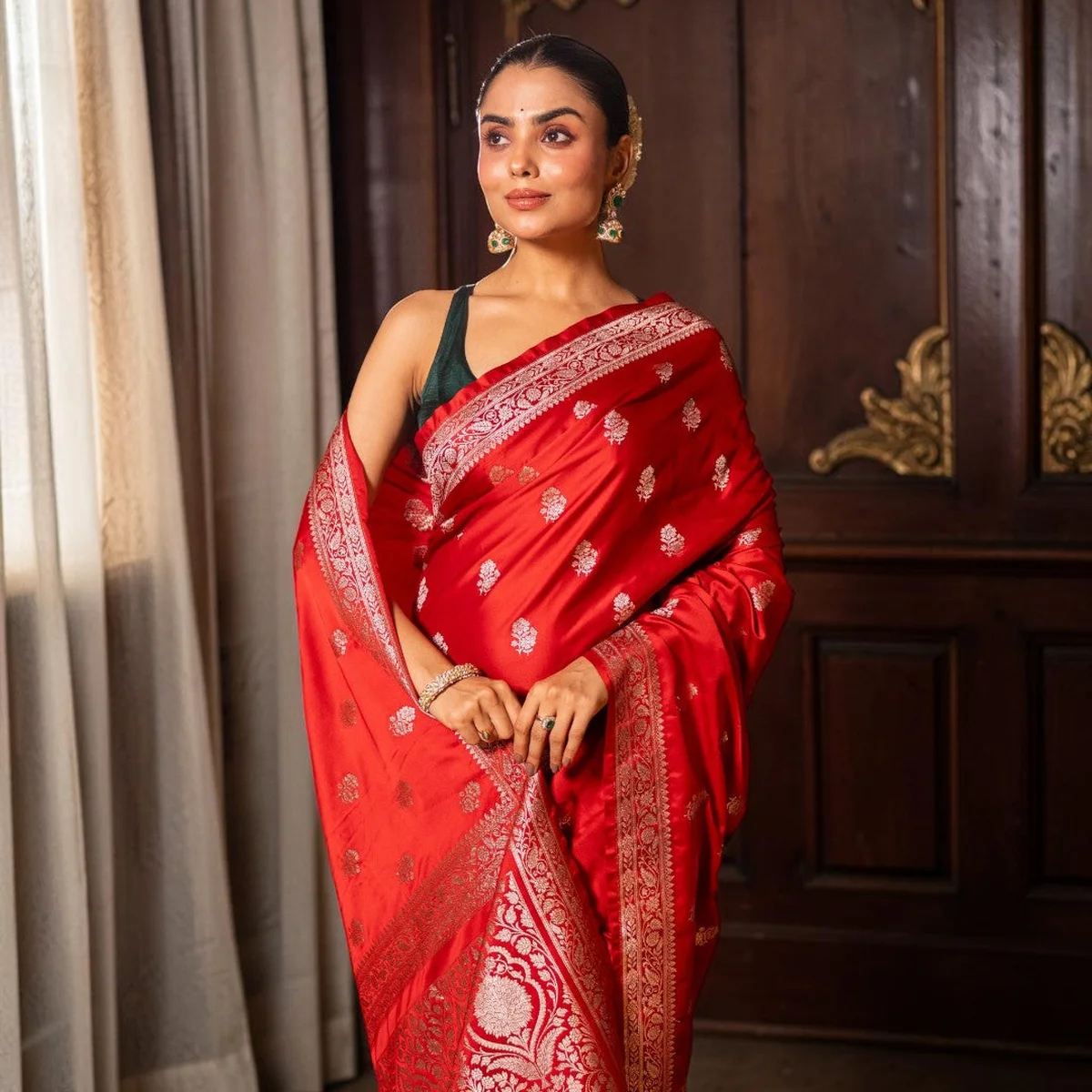 Red Banarasi Mashru Katan Silk Saree - Image 1
