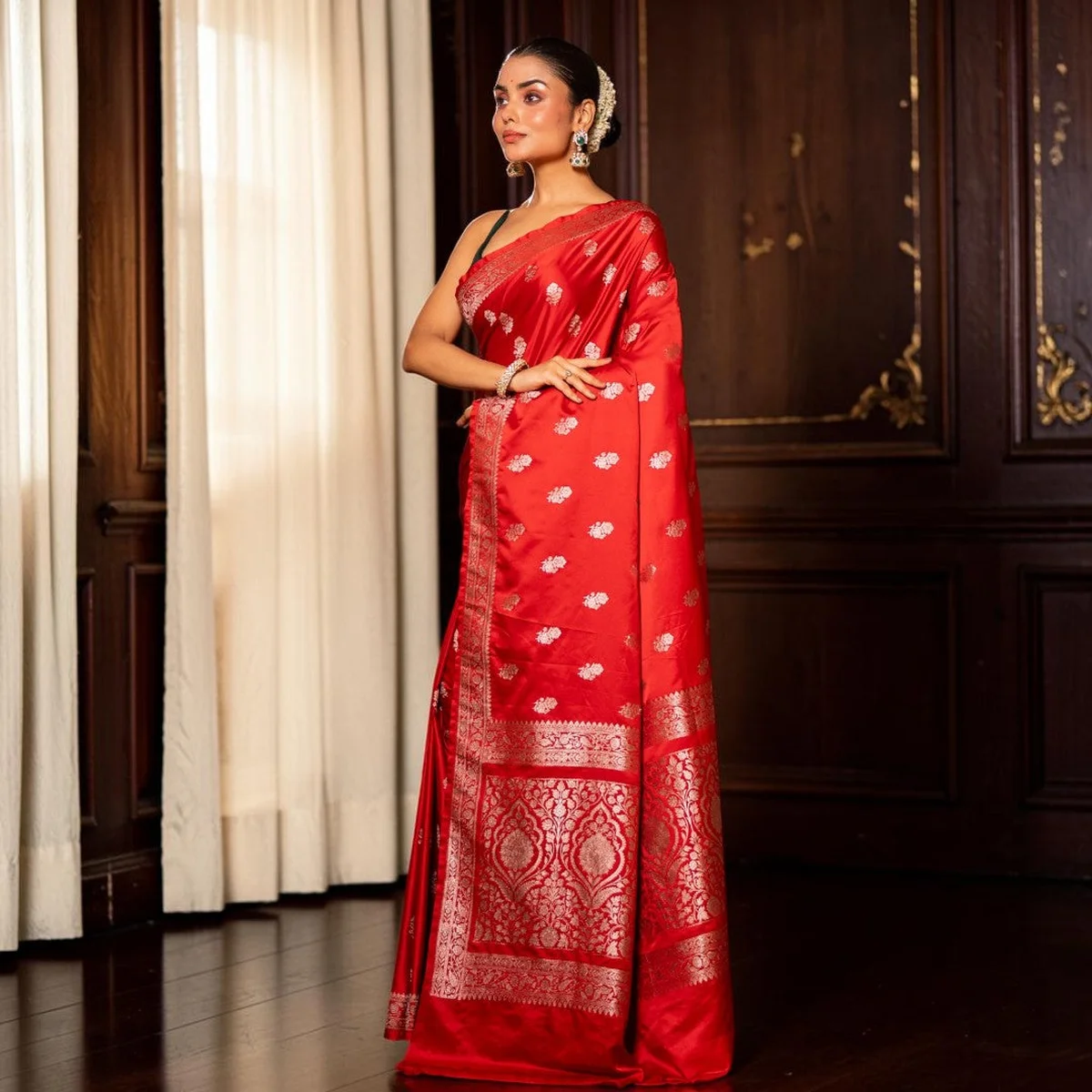 Red Banarasi Mashru Katan Silk Saree thumbnail 2