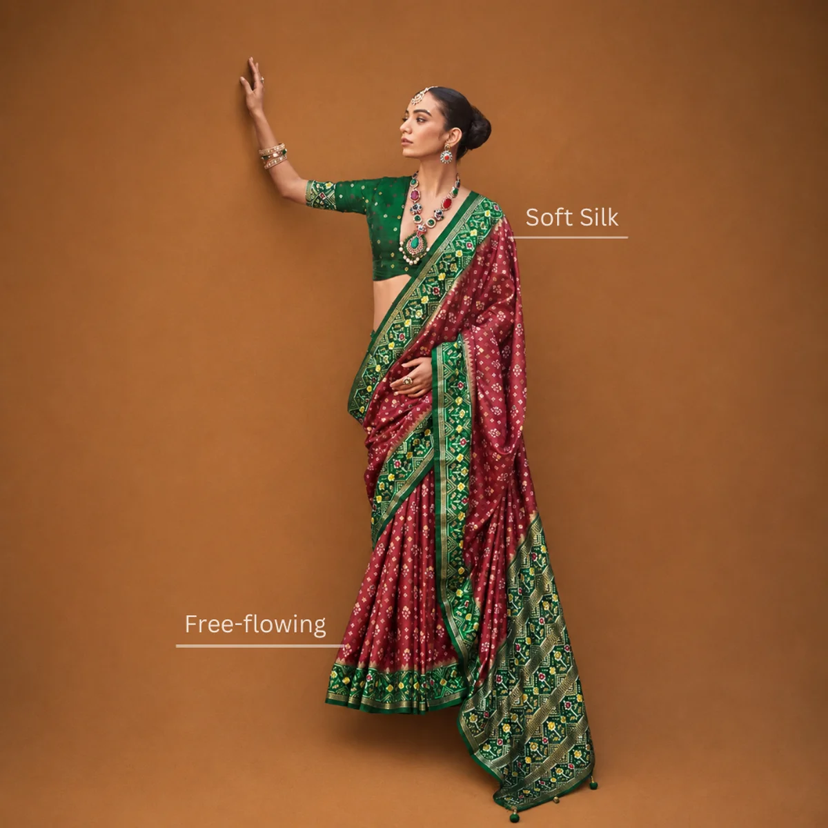 Maroon and Green Patola Silk Saree - Image 1