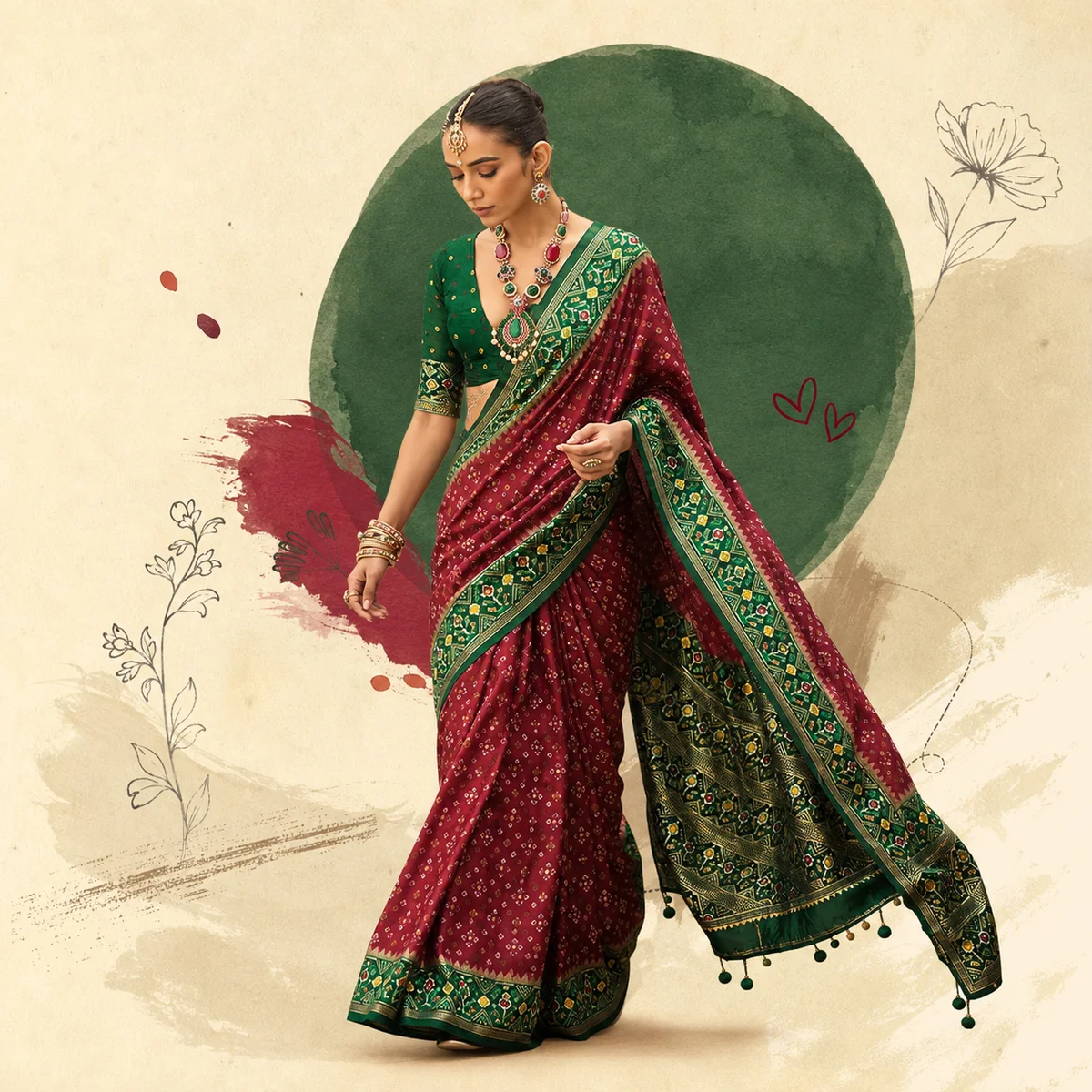 Maroon and Green Patola Silk Saree thumbnail 2