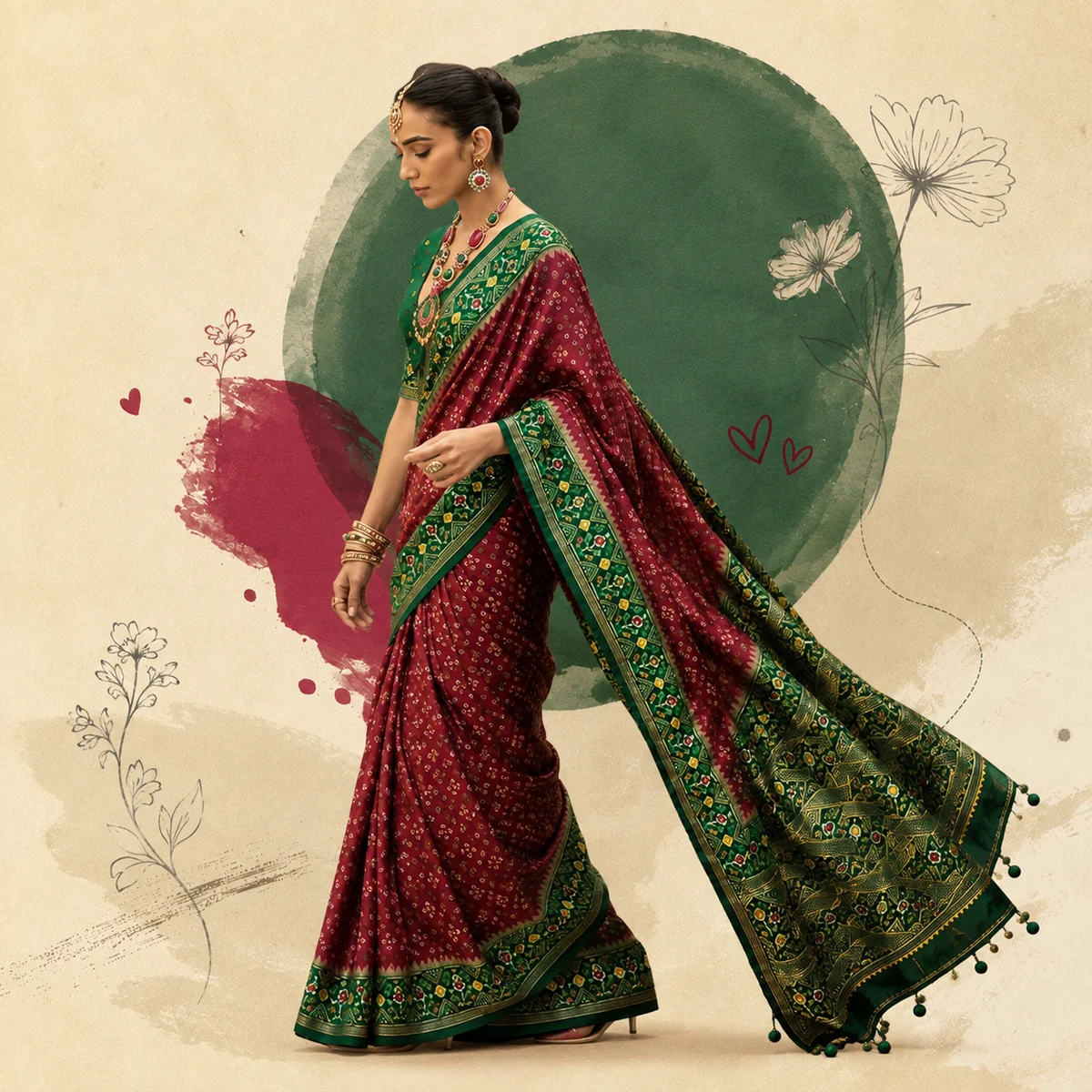 Maroon and Green Patola Silk Saree thumbnail 3
