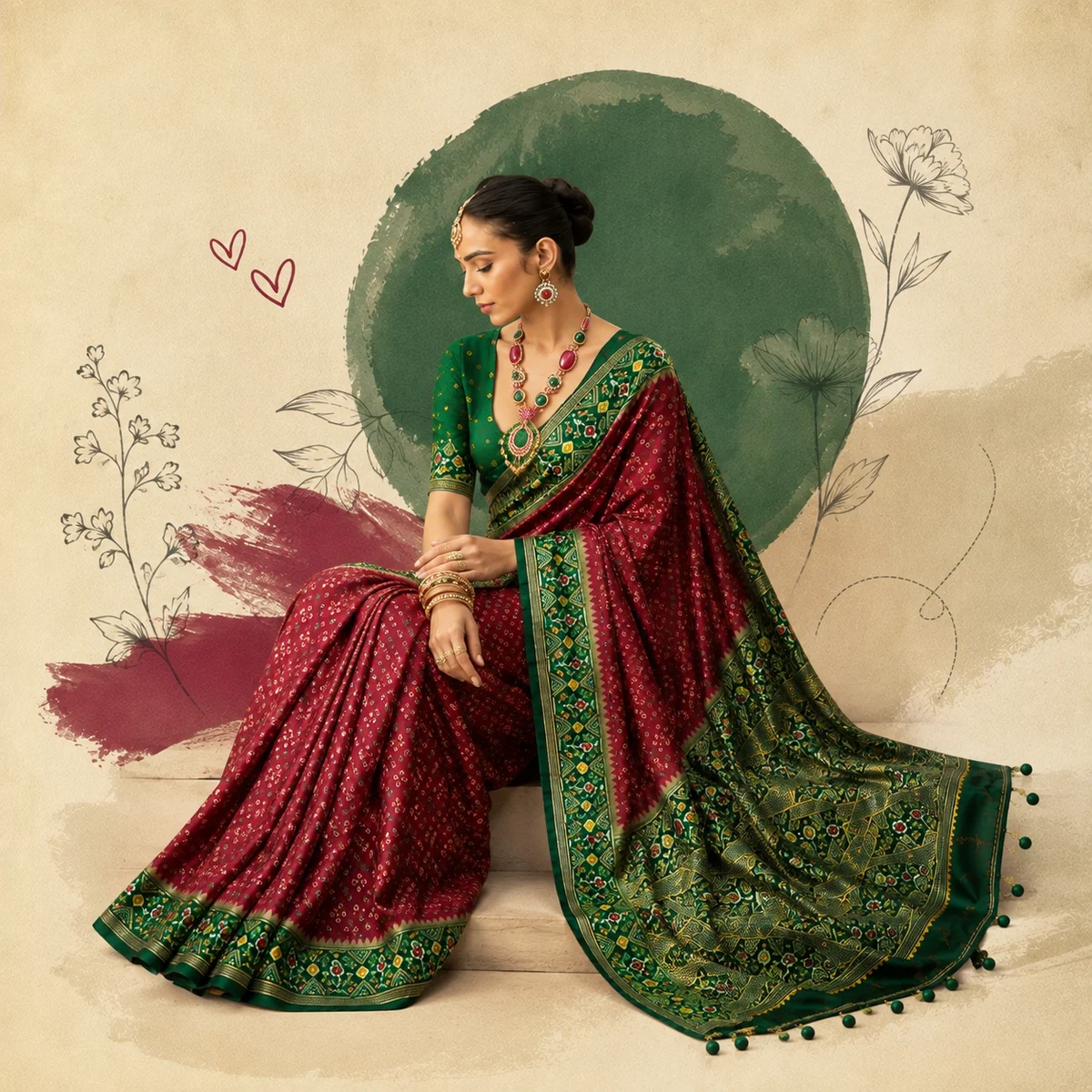 Maroon and Green Patola Silk Saree thumbnail 4