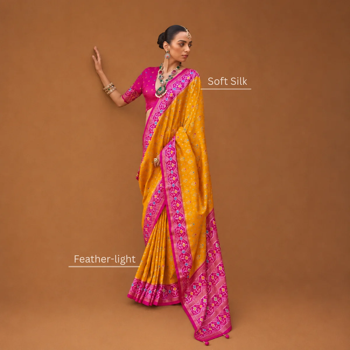 Yellow and Pink Patola Silk Saree - Image 1