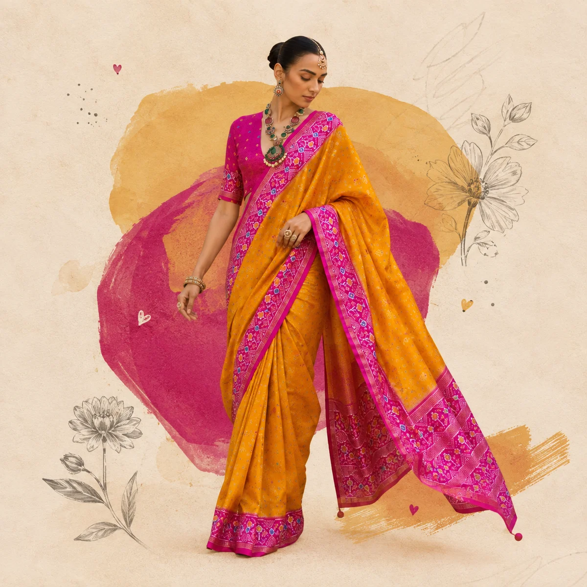 Yellow and Pink Patola Silk Saree thumbnail 2