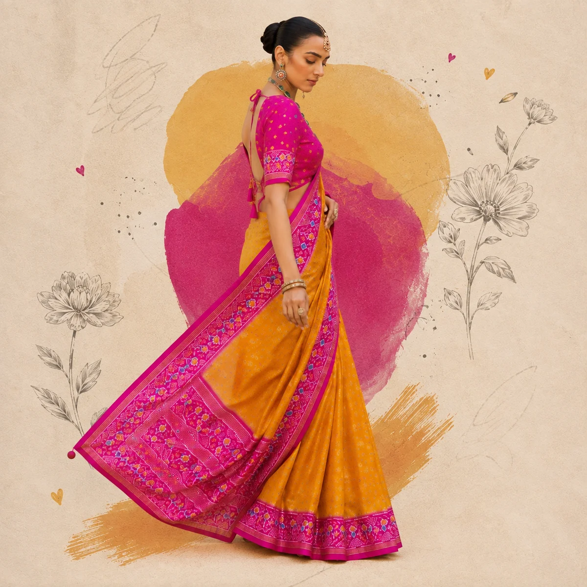 Yellow and Pink Patola Silk Saree thumbnail 3