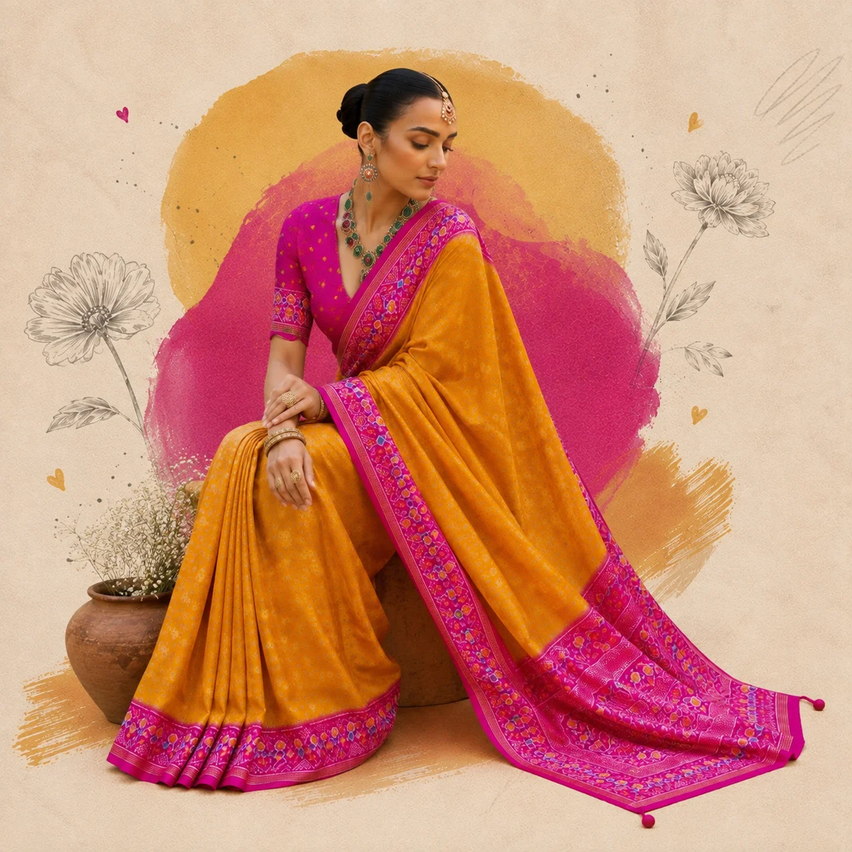 Yellow and Pink Patola Silk Saree thumbnail 4