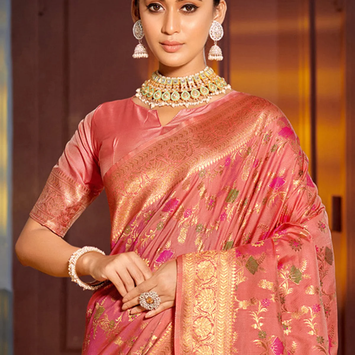 Peach Banarasi Silk Saree With Blouse Piece - Image 1