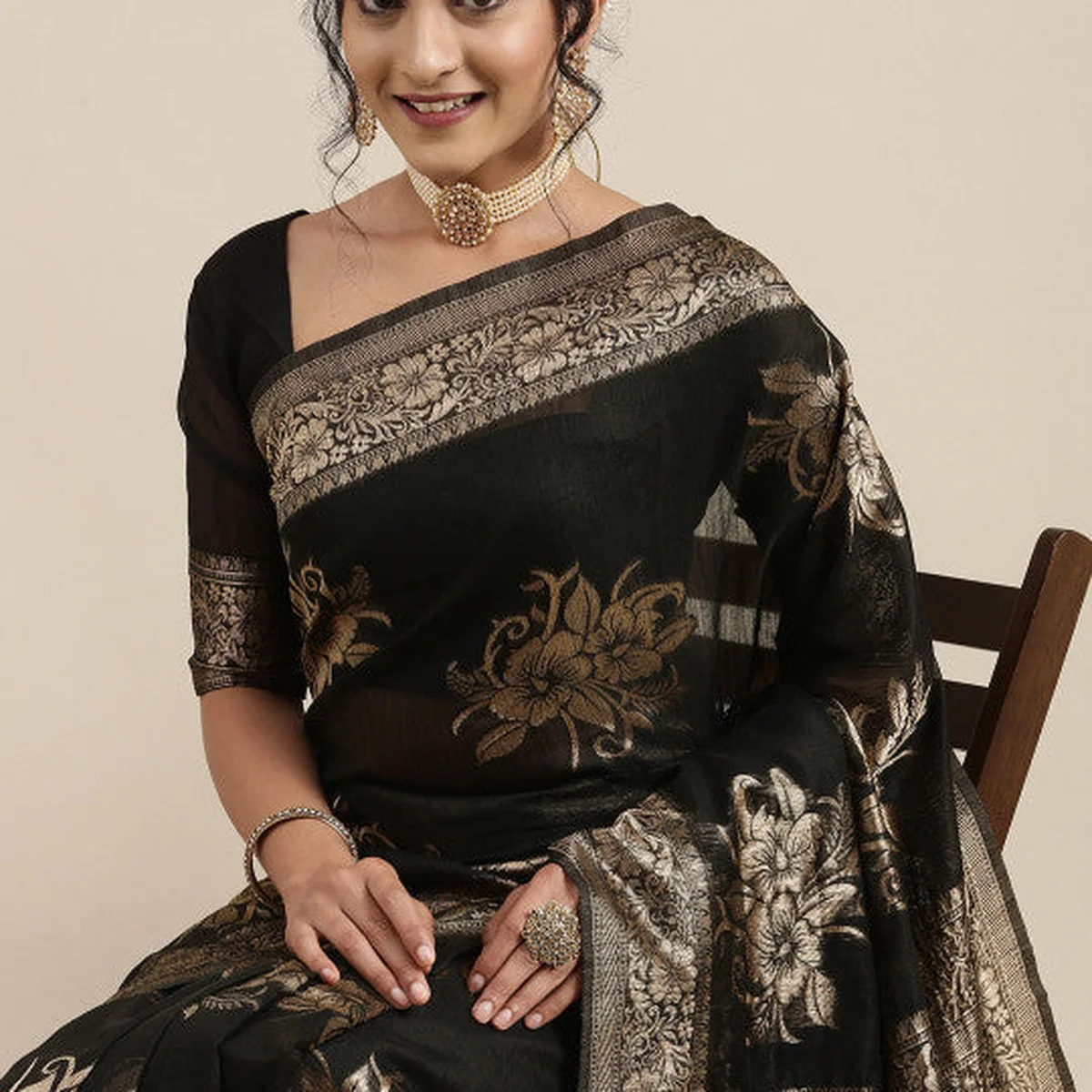 Black Floral Linen Blend Banarasi Saree - Image 1