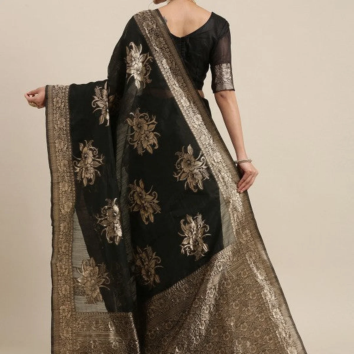 Black Floral Linen Blend Banarasi Saree thumbnail 2