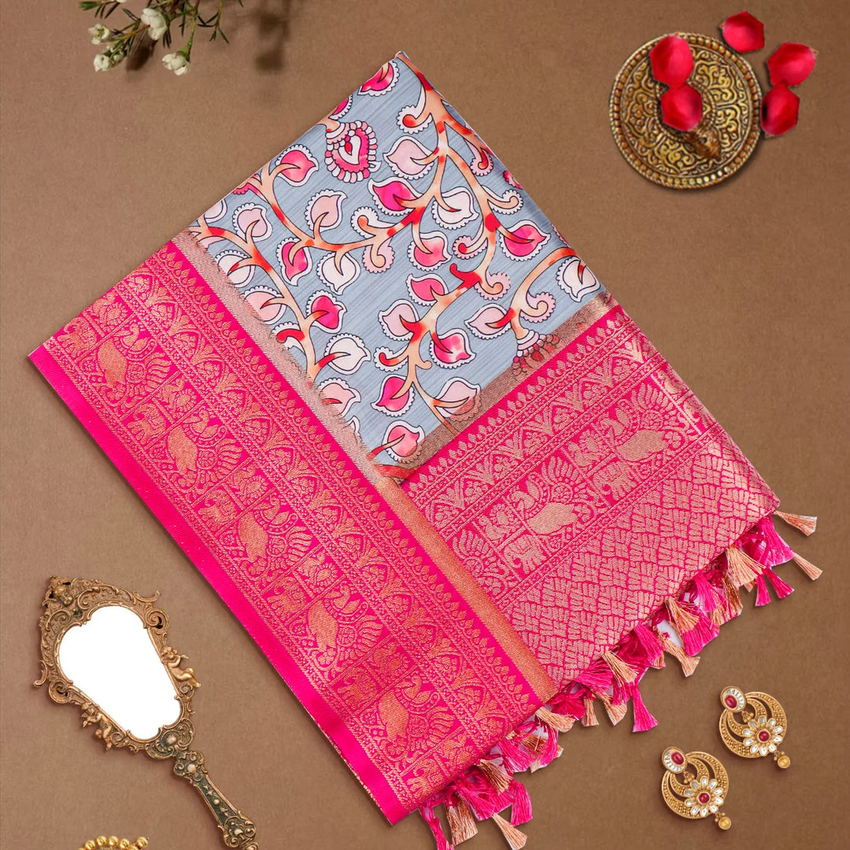 Women Pink & Grey Floral Printed Dola Silk Saree DSP02 - Image 1