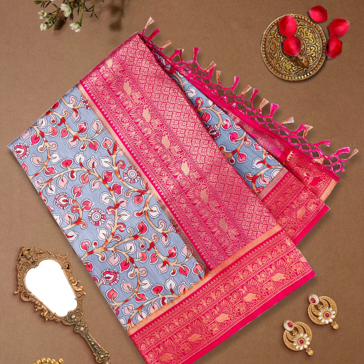 Women Pink & Grey Floral Printed Dola Silk Saree DSP02 thumbnail 2