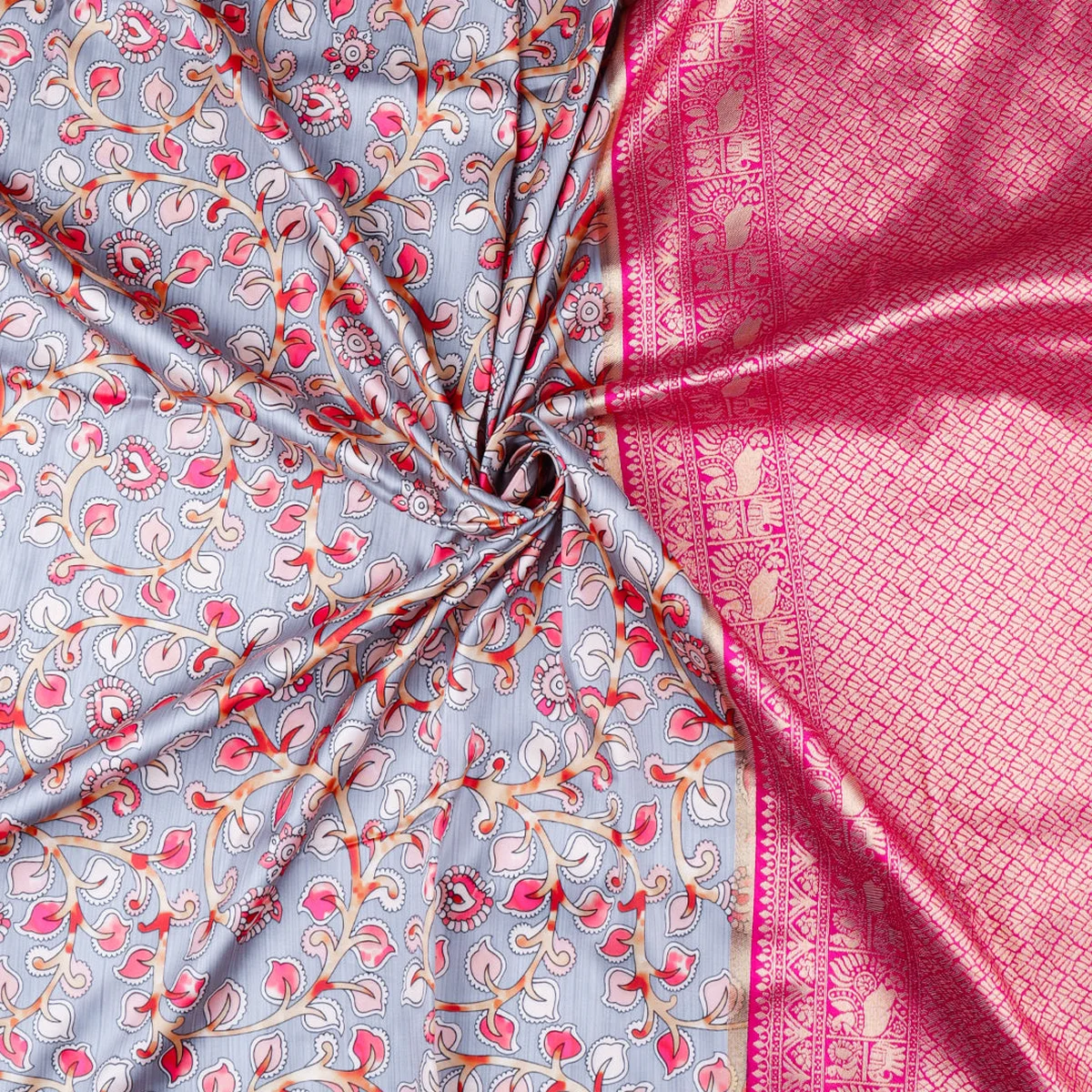 Women Pink & Grey Floral Printed Dola Silk Saree DSP02 thumbnail 3