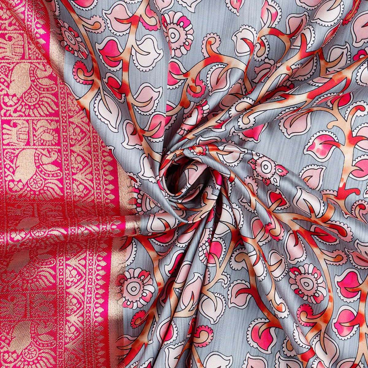 Women Pink & Grey Floral Printed Dola Silk Saree DSP02 thumbnail 4