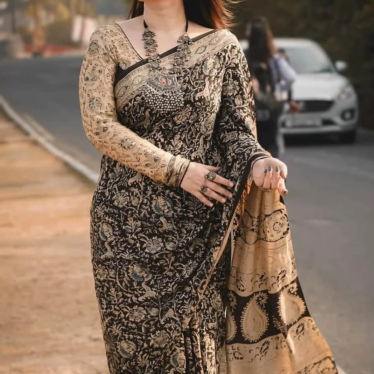 Gleaming Beige And Black 1 Minute Ready To Wear Digital Printed Crape Silk Saree - Image 1
