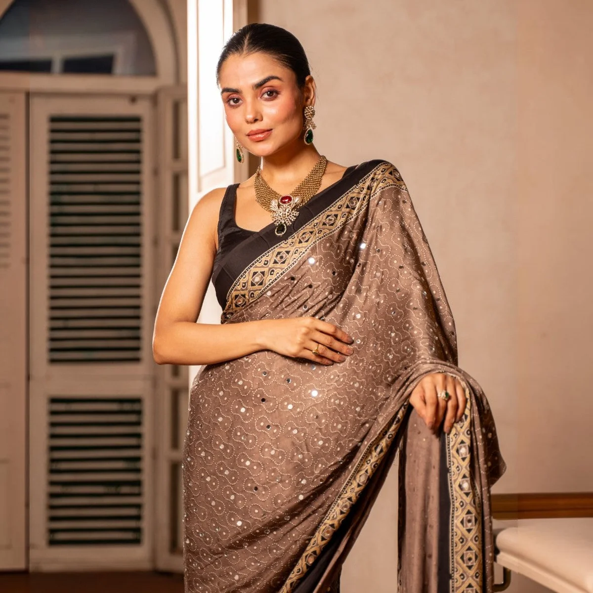 Midnight Mocha Ajrakh Mirror Saree - Image 1