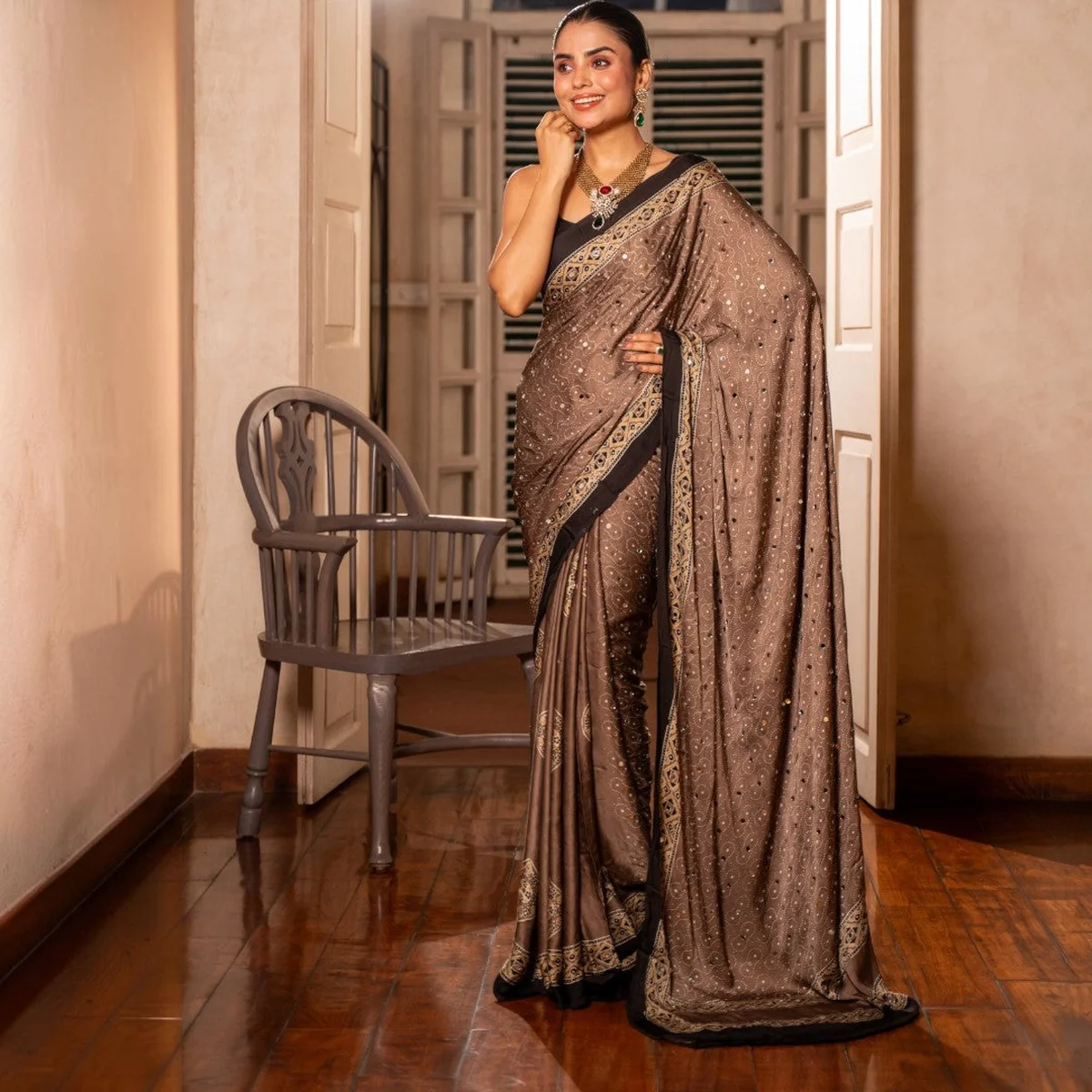 Midnight Mocha Ajrakh Mirror Saree thumbnail 2