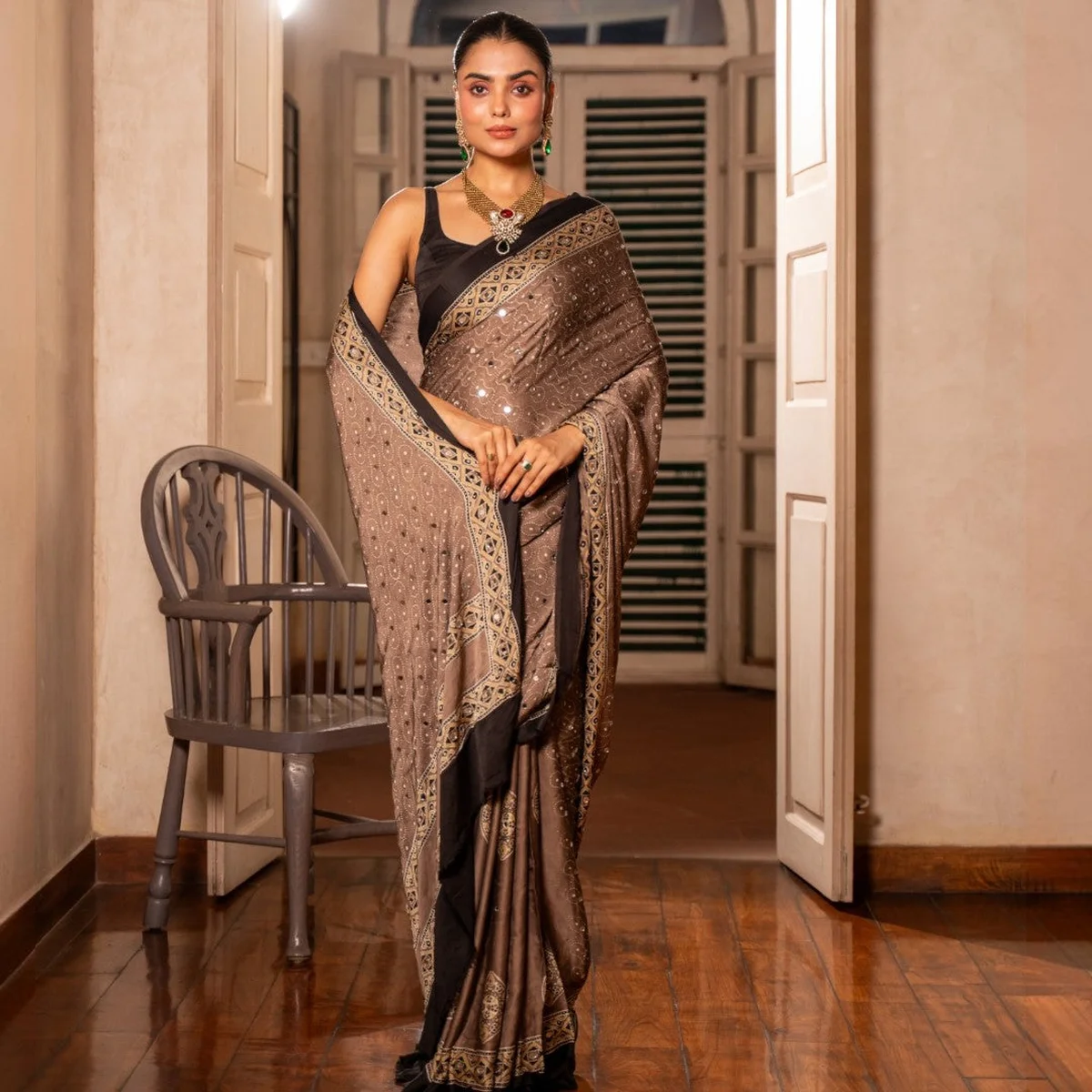Midnight Mocha Ajrakh Mirror Saree thumbnail 3