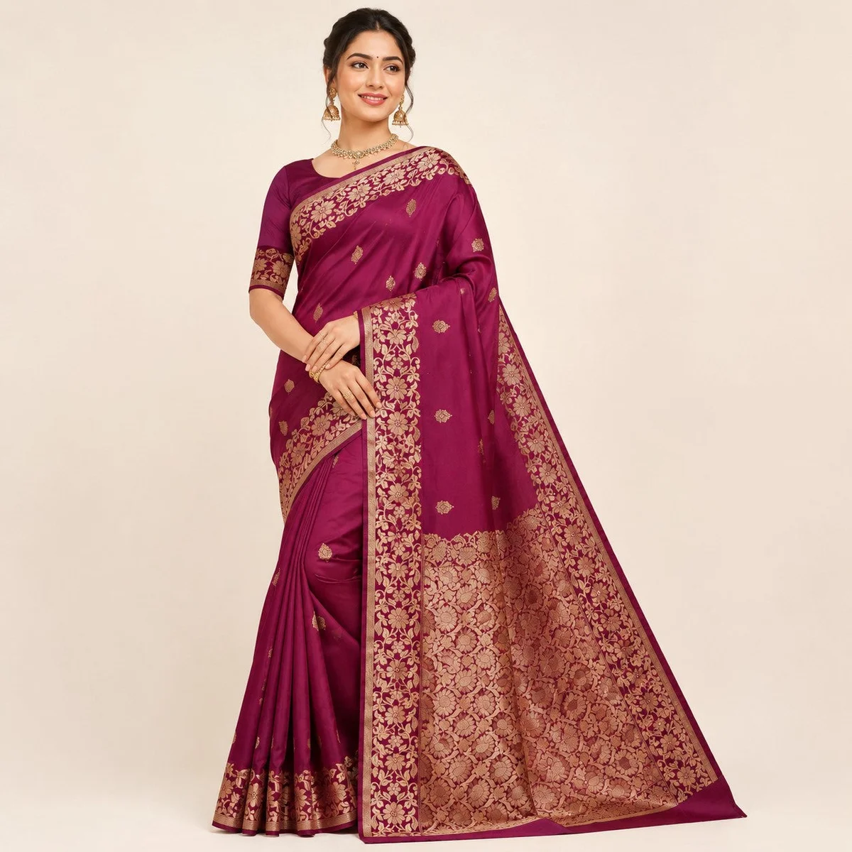 Magenta Banarasi Semi Silk Saree with Gold Zari thumbnail 3