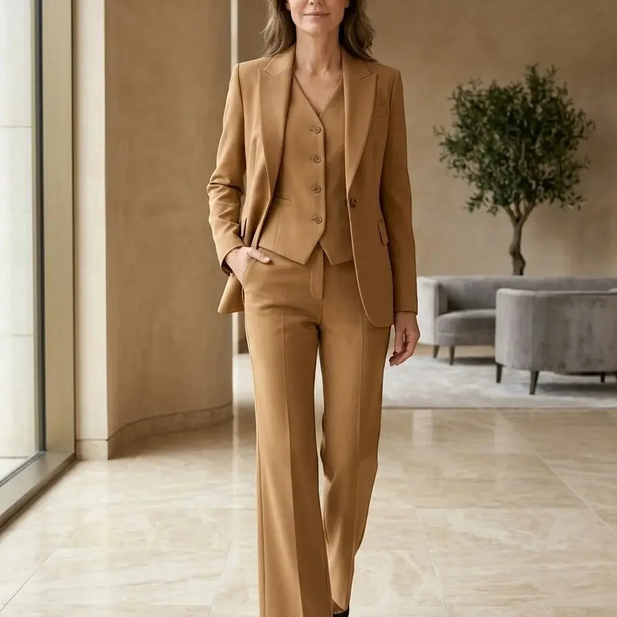 Women's Structured Fabric Three-Piece Suit | Elegant Blazer, Waistcoat & Flared Trousers
