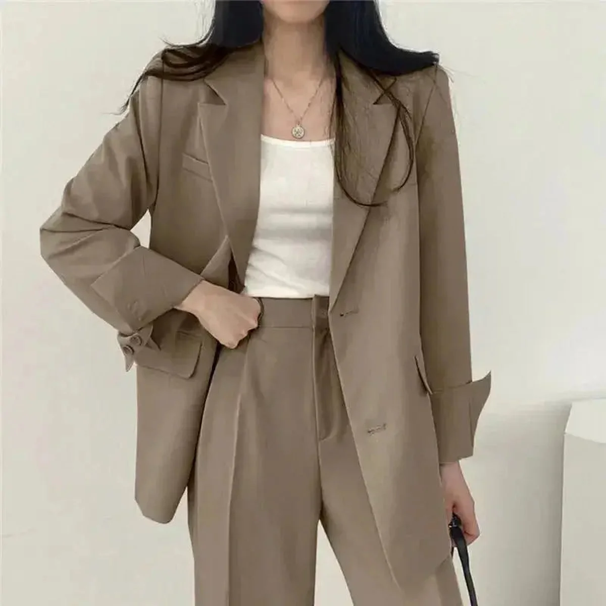 Women's Tailored Blazer Suit Set | Elegant Structured Blazer & Wide Leg Trousers - Image 1