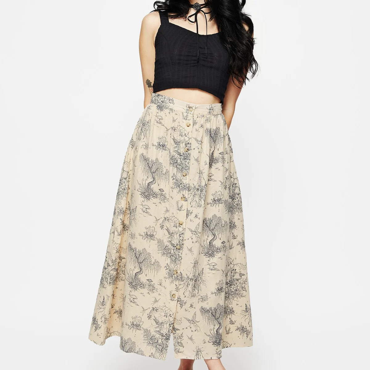 Maypole Cotton Print Button Up Midaxi Skirt