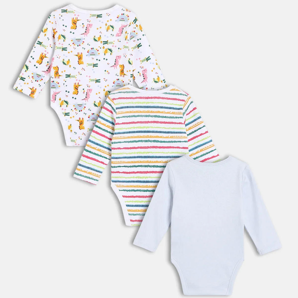 Baby Boys Pack Of 3 Cotton Printed Round Neck Long Sleeve Body Suit - White & Blue thumbnail 3