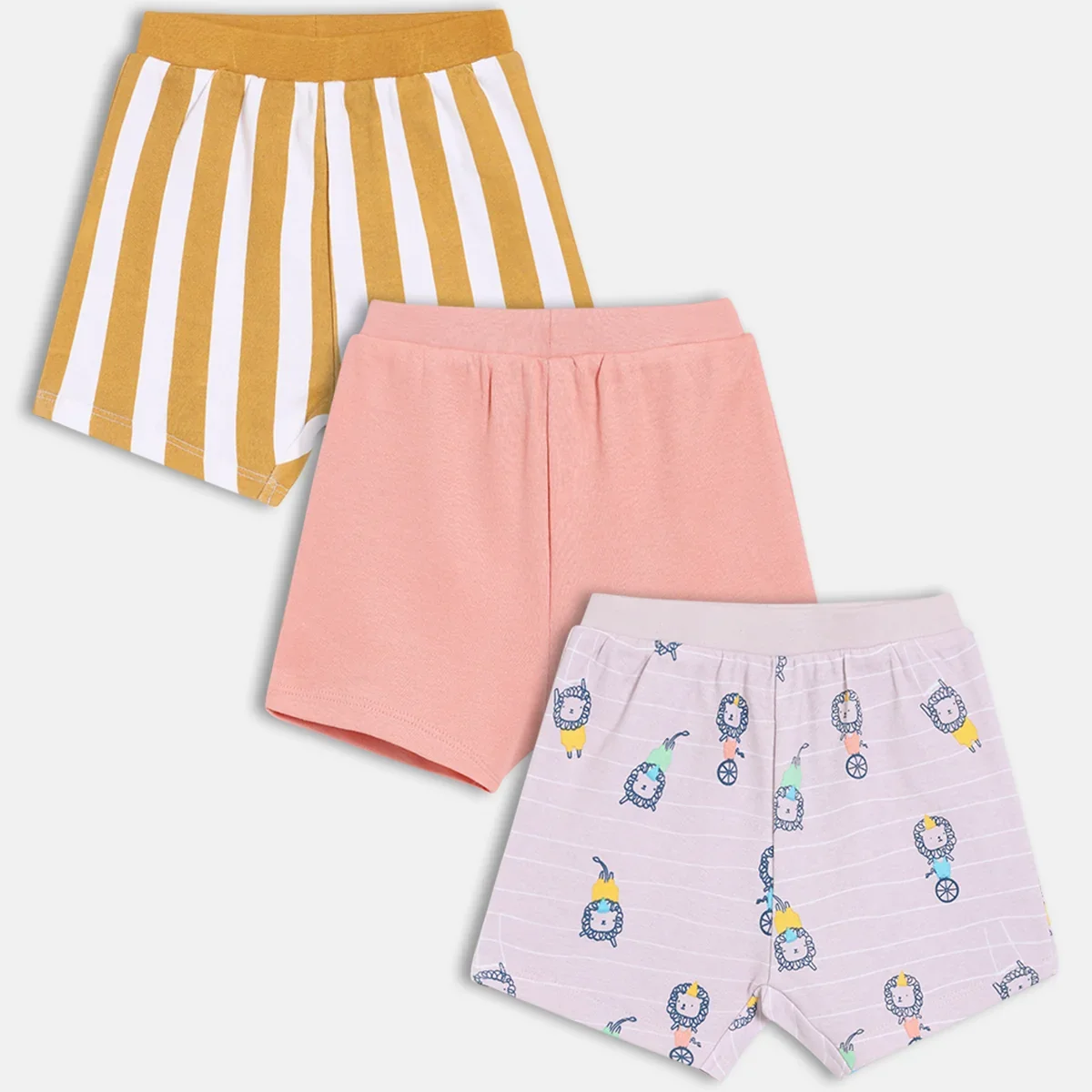 Baby Boys Pack Of 3 cotton printed Shorts - Yellow,  peach & Lavender