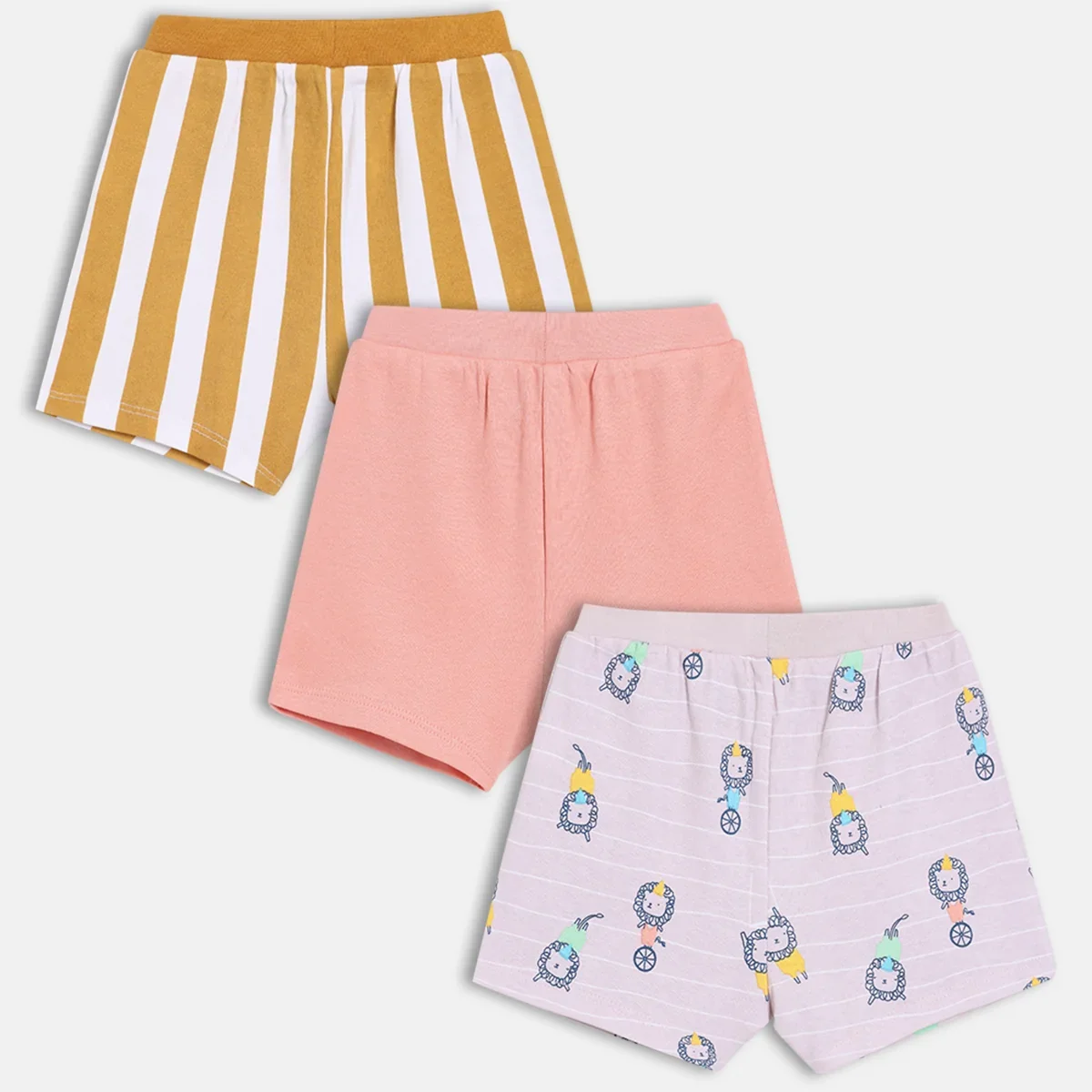 Baby Boys Pack Of 3 cotton printed Shorts - Yellow,  peach & Lavender thumbnail 3