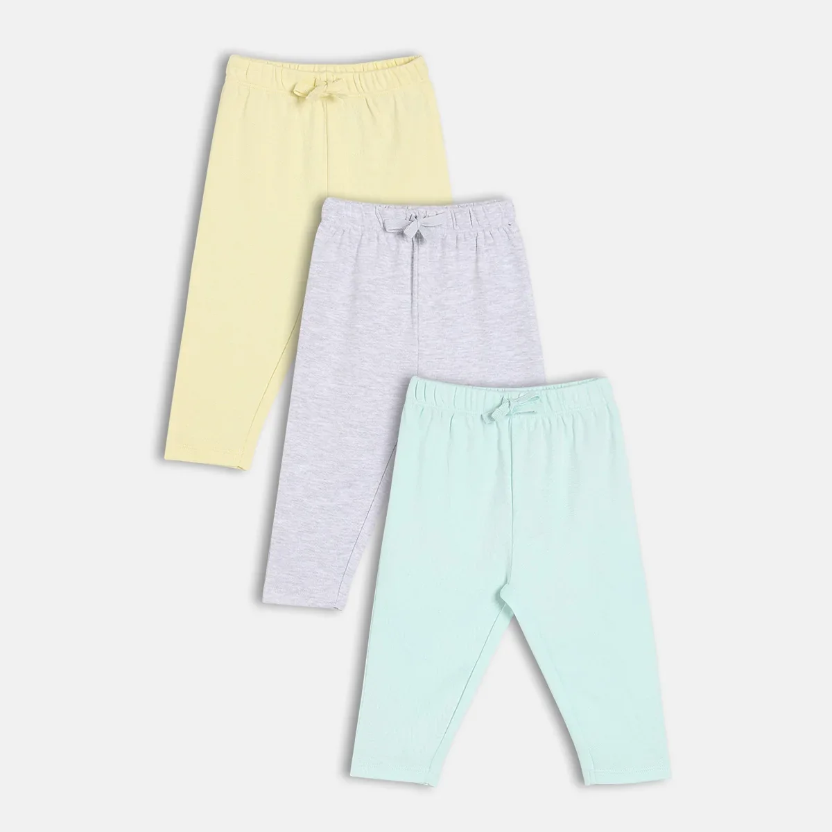 Baby Boys Pack Of 3 Cotton Solid  High Raise Full Length Knit Bottom, Yellow, Grey & Blue
