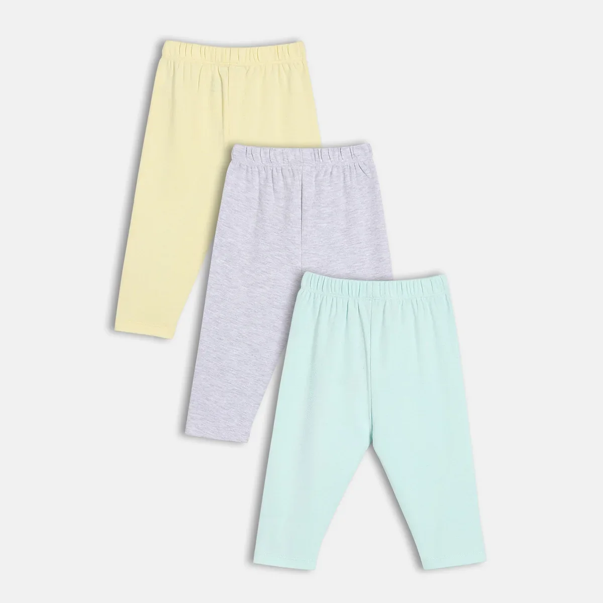Baby Boys Pack Of 3 Cotton Solid  High Raise Full Length Knit Bottom, Yellow, Grey & Blue thumbnail 3