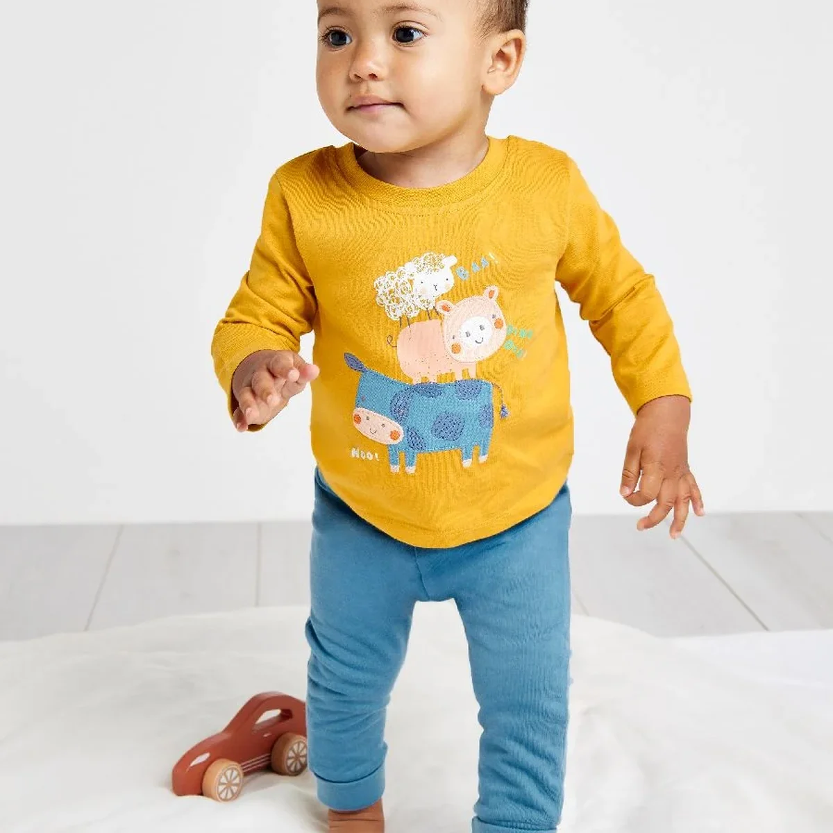 Baby Boys Pack of 3 Embroidered Knit Jogger Bottoms, Yellow, Blue & Grey thumbnail 1