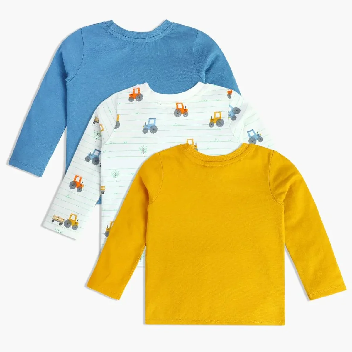 Baby Boys Pack of 3 Farm-Themed Long Sleeve Tops, Blue, White & Yellow thumbnail 1
