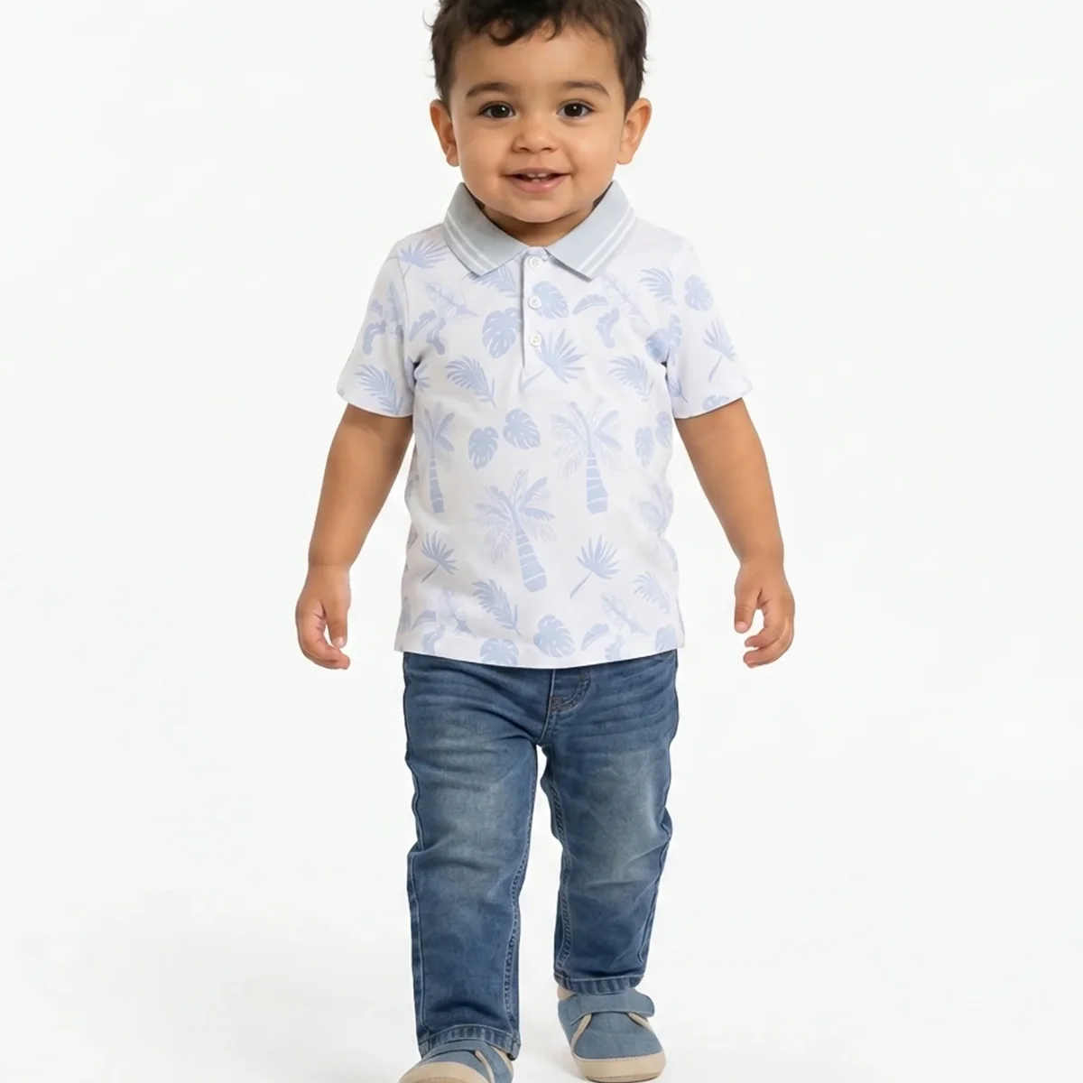 Baby Boys Palm Print Polo T-Shirt, Light Blue and White thumbnail 1