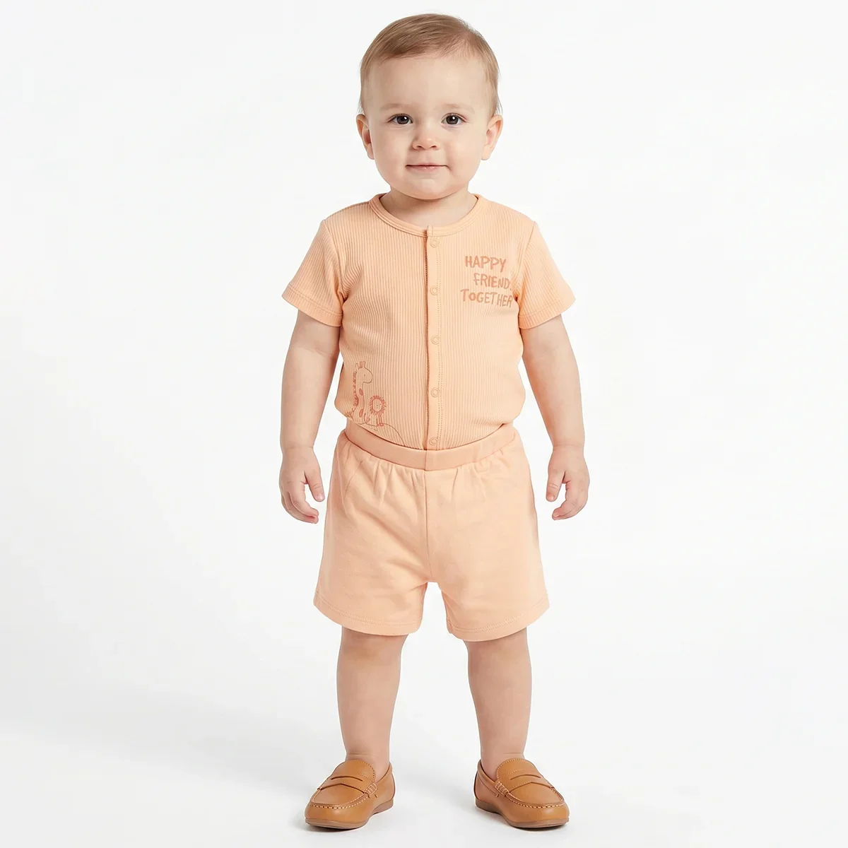 Baby Boys Peach and Olive Green Cotton Printed Shorts Pack of 2 Regular Fit Casual Baby Shorts thumbnail 2
