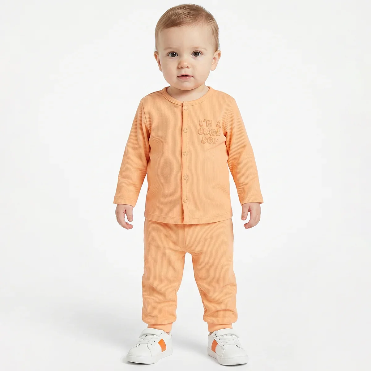 Baby Boys Peach and White Cotton Front Open Full Sleeve Vest Pack of 2 Everyday Essentials thumbnail 2