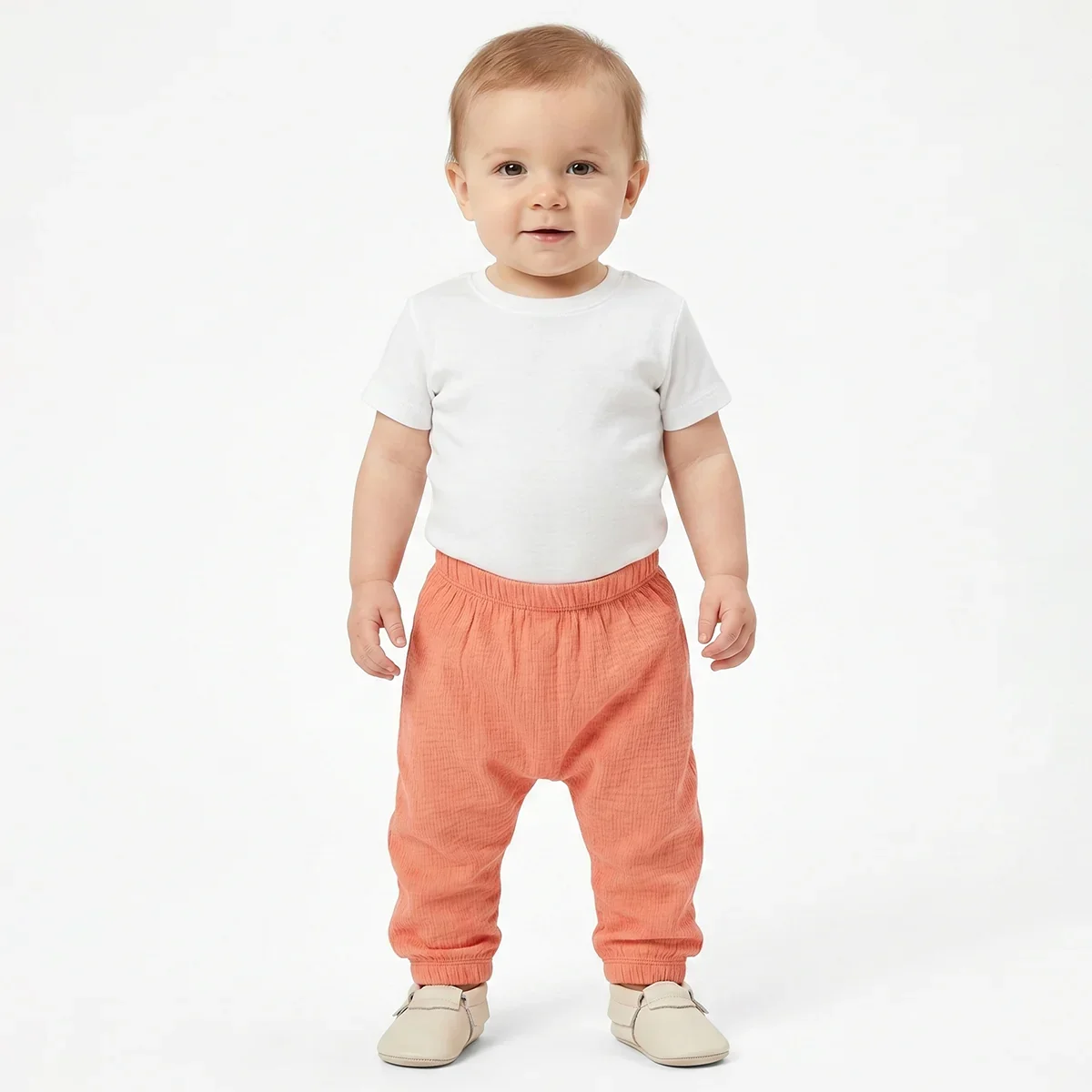 Baby Boys Peach and White Cotton Knit Bottom Pack of 2 Regular Fit Everyday Wear thumbnail 2
