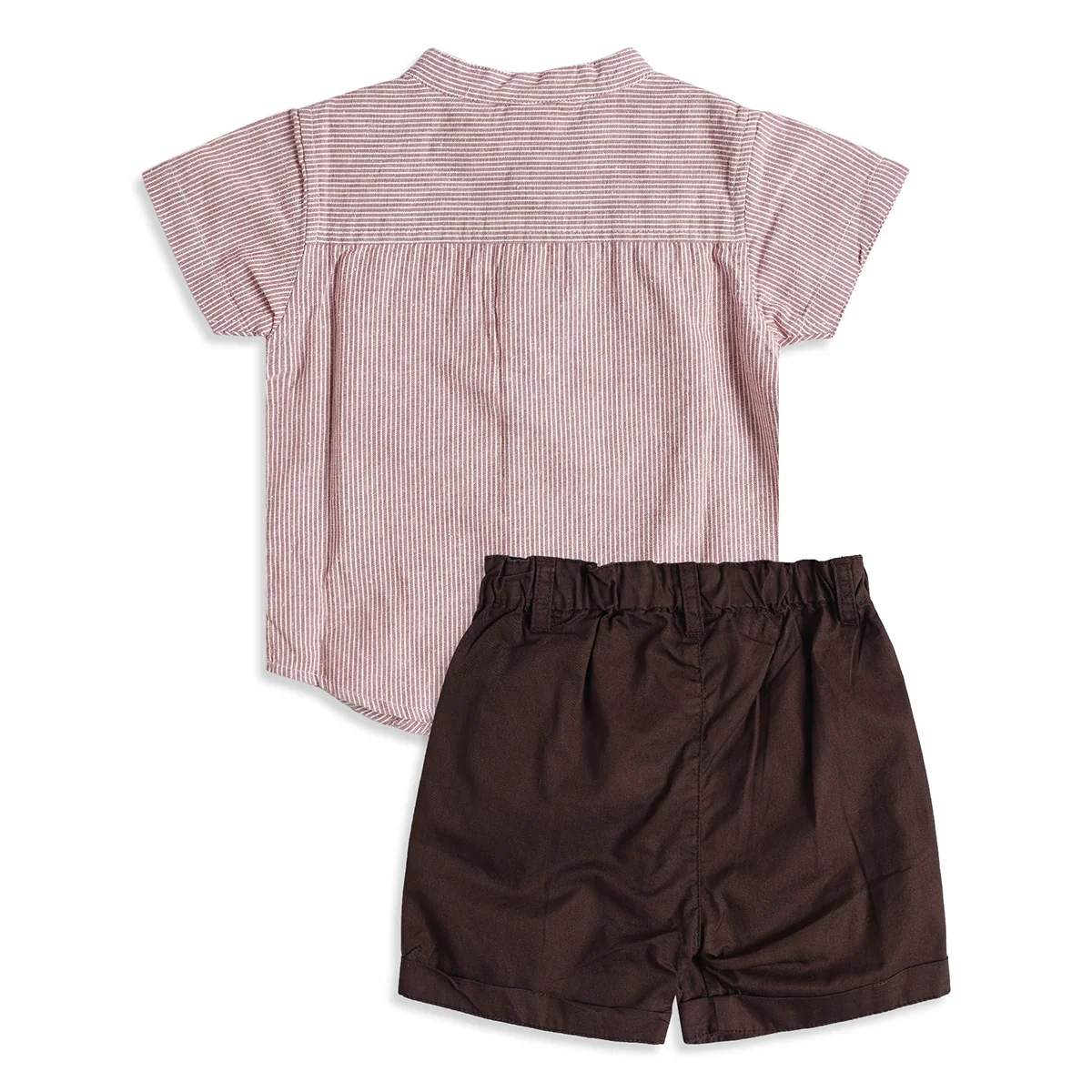 Baby Boys Pink Striped Mandarin Collar Shirt and Brown Shorts Regular Fit Casual Clothing Set thumbnail 1