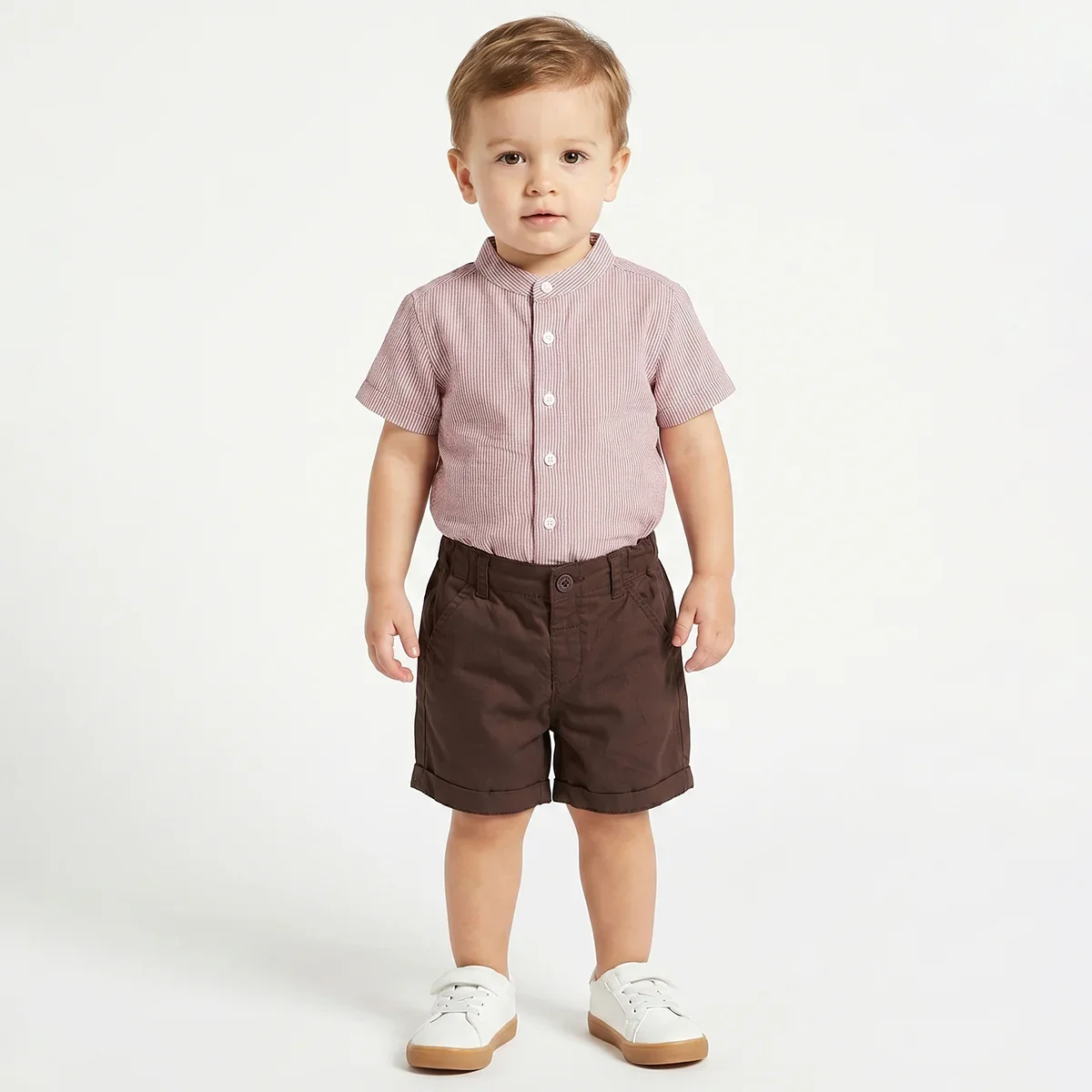 Baby Boys Pink Striped Mandarin Collar Shirt and Brown Shorts Regular Fit Casual Clothing Set thumbnail 2