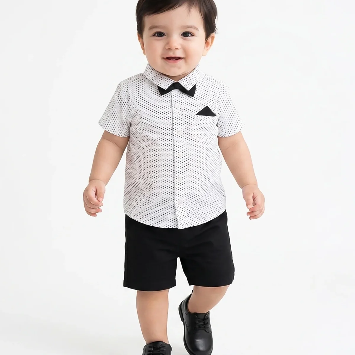 Baby Boys Polka Dot Shirt and Solid Shorts Co-ord Set, White and Black thumbnail 1
